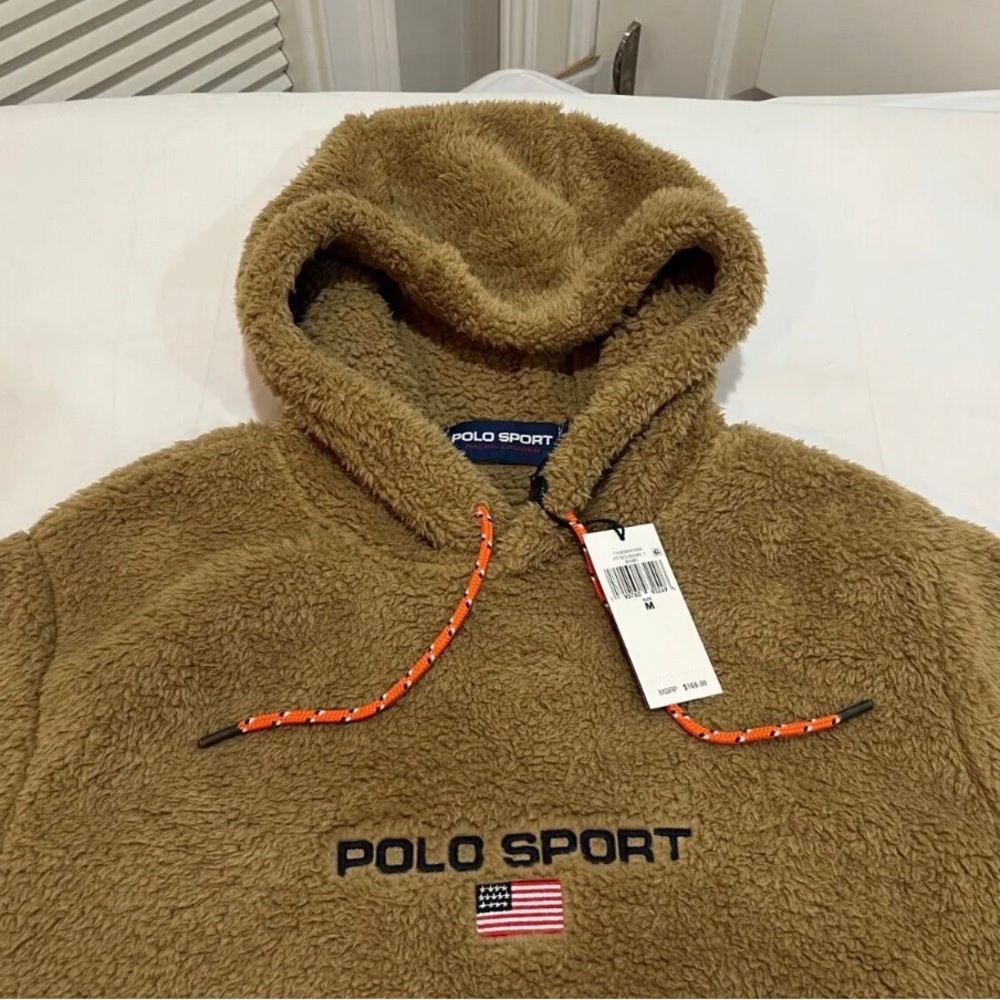 NWT $168.00 Polo Sport Ralph Lauren Mens Sherpa Fleece Hoodie Khaki Size Large